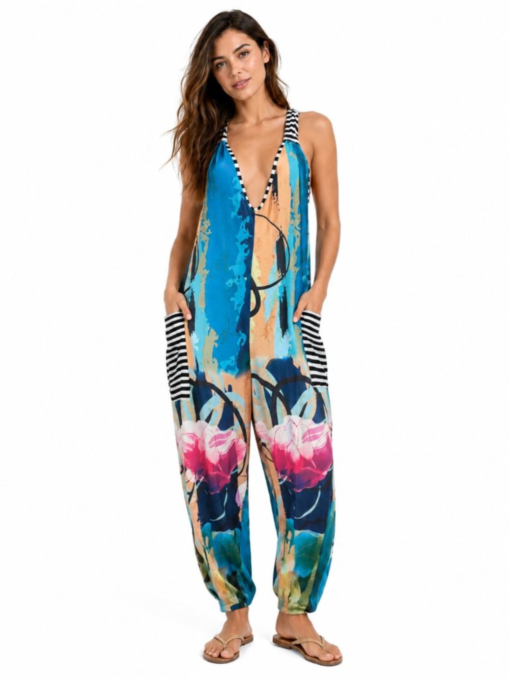 Lily by Firmiana XL Boho Abstract Floral Harem Jumpsuit Sleeveless Racerback